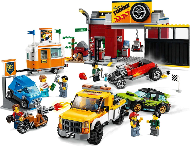 LEGO City 60258 Tuning Workshop and minifigures