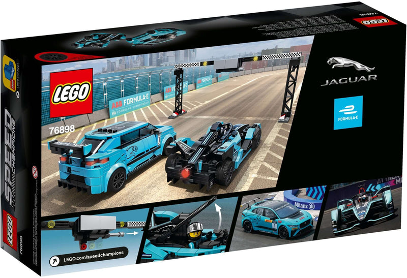 LEGO Speed Champions 76898 Formula E Panasonic Jaguar Racing GEN2 car & Jaguar I-PACE eTROPHY back box art